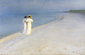 Kesäilta Skagens Beachillä. Anna Ancher ja Marie Krøyer kävelevät yhdessä.